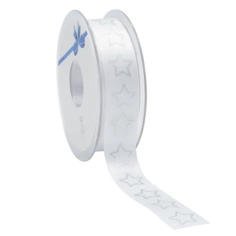 Bright Stars Satin Ribbon; Silver on White